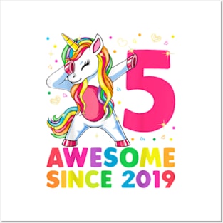 5 Years Old Unicorn Dabbing 5th Birthday Girl Unicorn Party T-Shirt Posters and Art